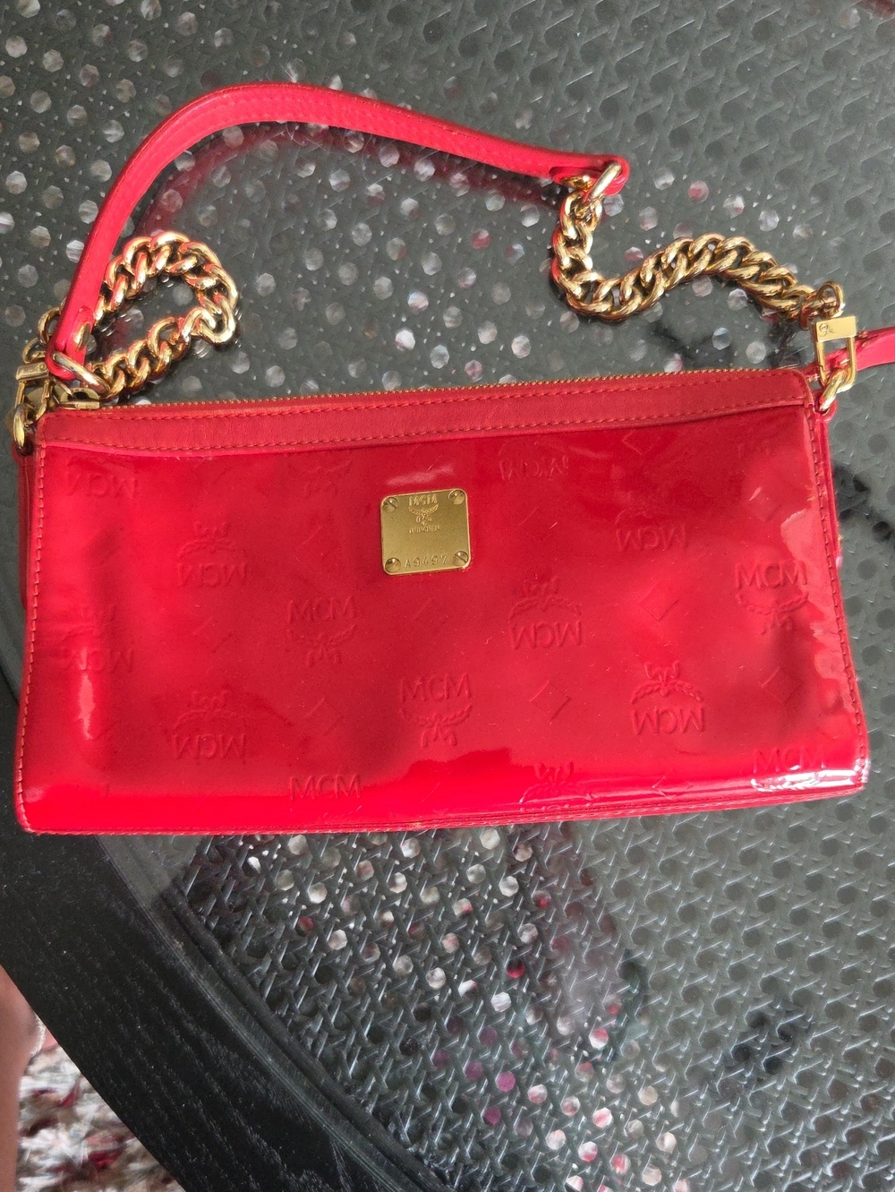 MCM Patent Shoulder Bag in Deep Red with Gold Chain